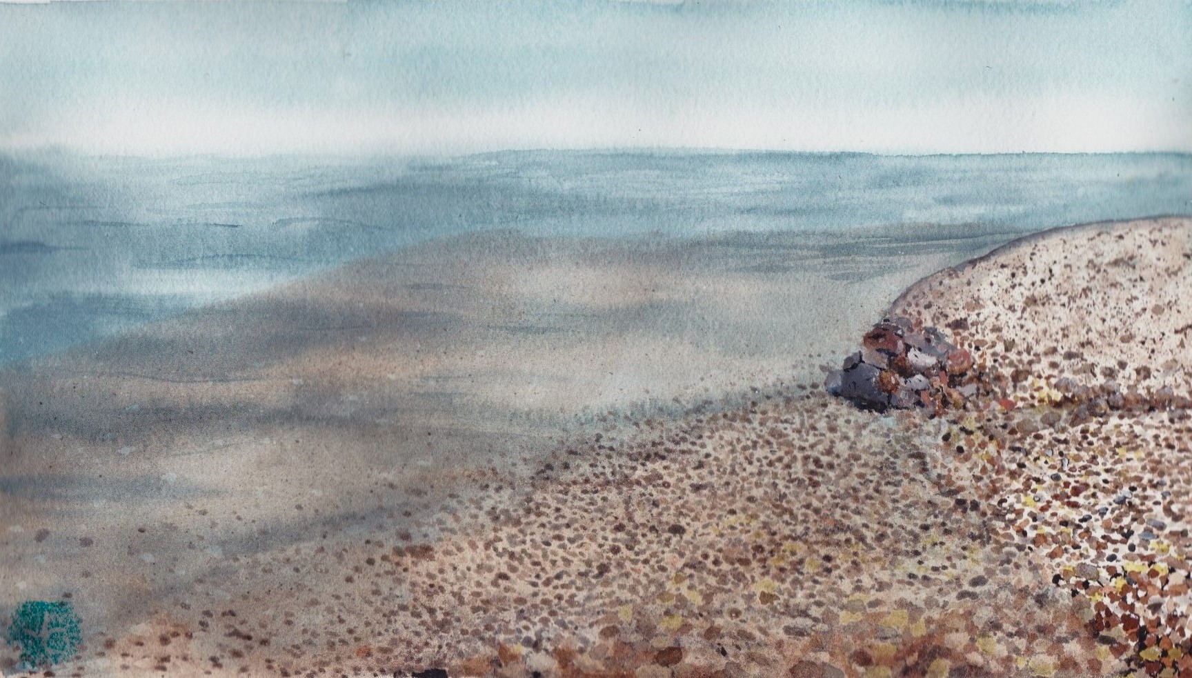A watercolor painting of a quiet lake and rocks along a sandy shore.